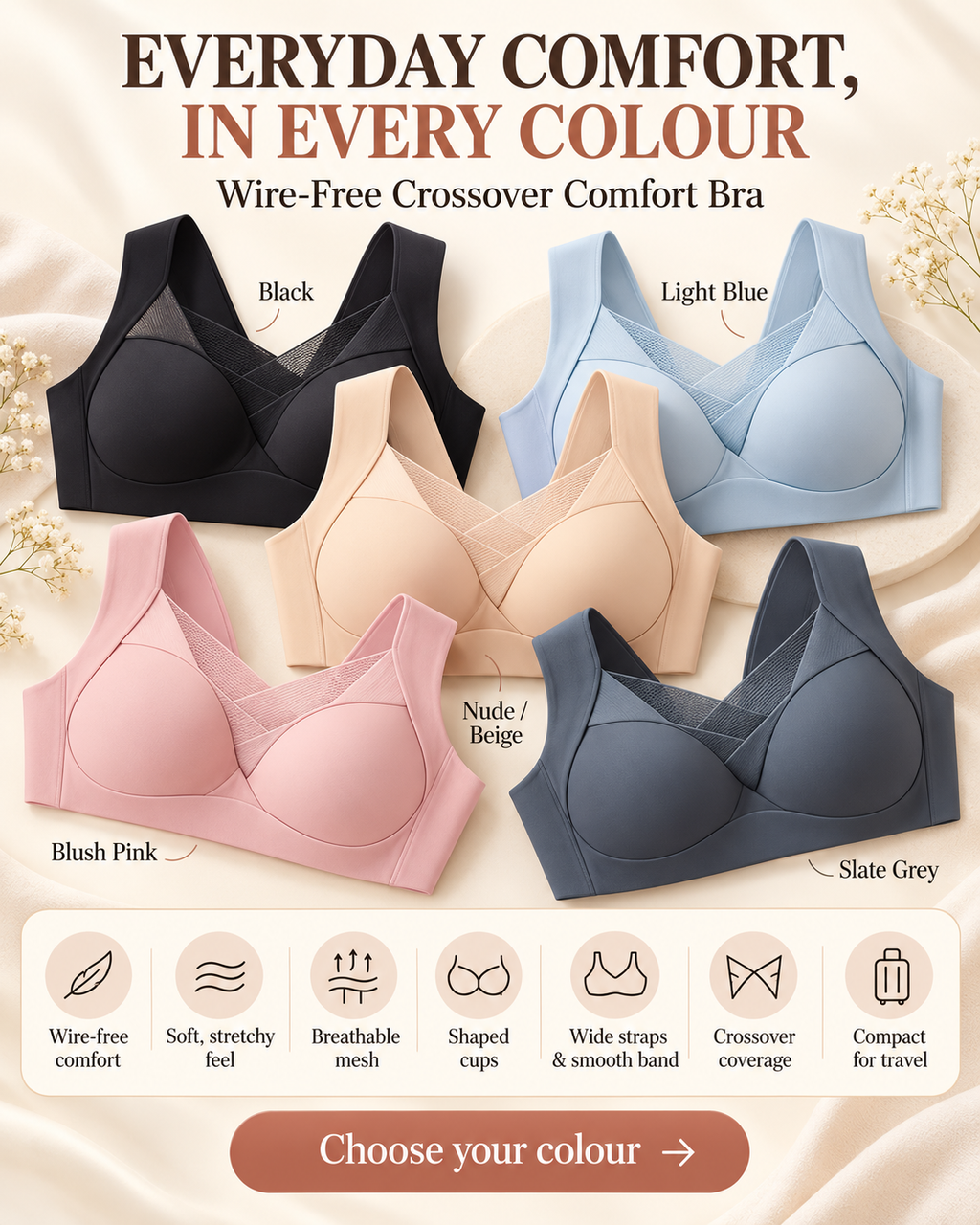 Women’s Wire-Free Crossover Comfort Bra with Breathable Mesh